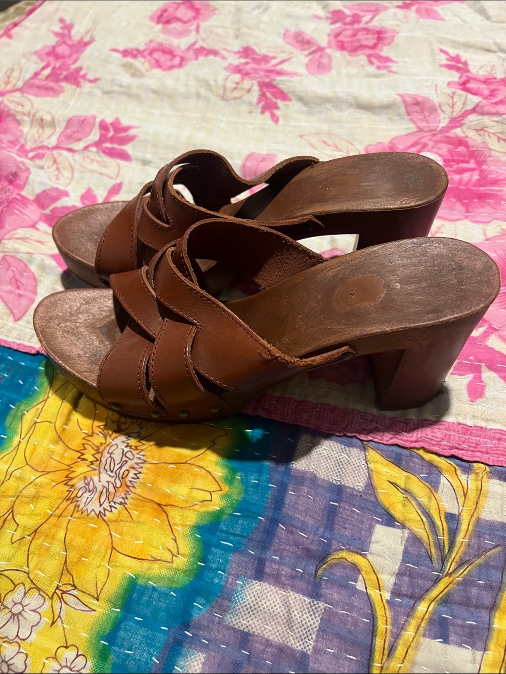 Candie's Brown Leather Block Heel Slide Mules